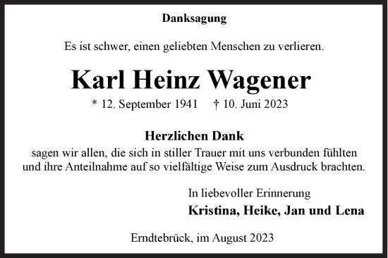 Traueranzeige von Karl Heinz Wagener von Siegener Zeitung