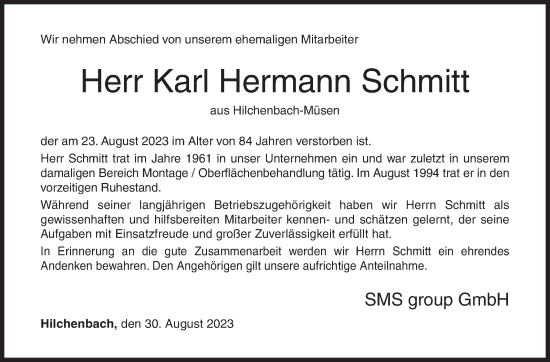 Traueranzeige von Karl Hermann Schmitt von Siegener Zeitung