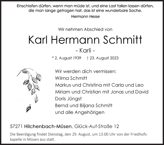 Traueranzeige von Karl Hermann Schmitt von Siegener Zeitung