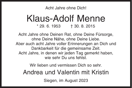 Traueranzeige von Klaus-Adolf Menne von Siegener Zeitung