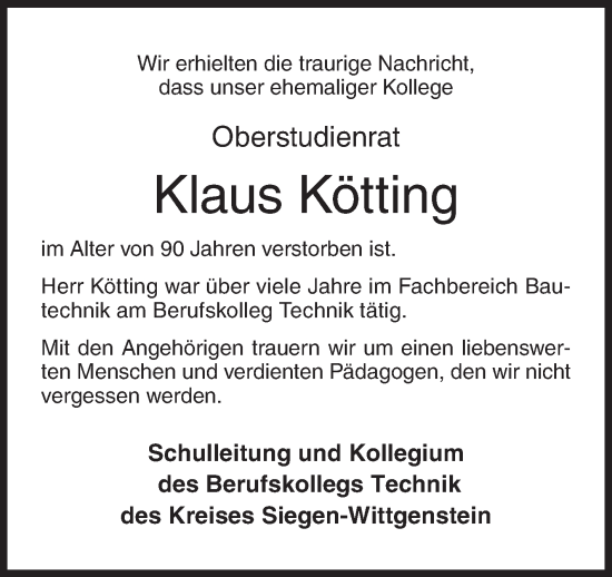 Traueranzeige von Klaus Kötting von Siegener Zeitung