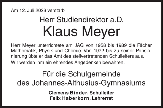 Traueranzeige von Klaus Meyer von Siegener Zeitung