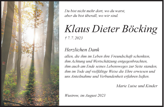 Traueranzeige von Klaus Dieter Böcking von Siegener Zeitung
