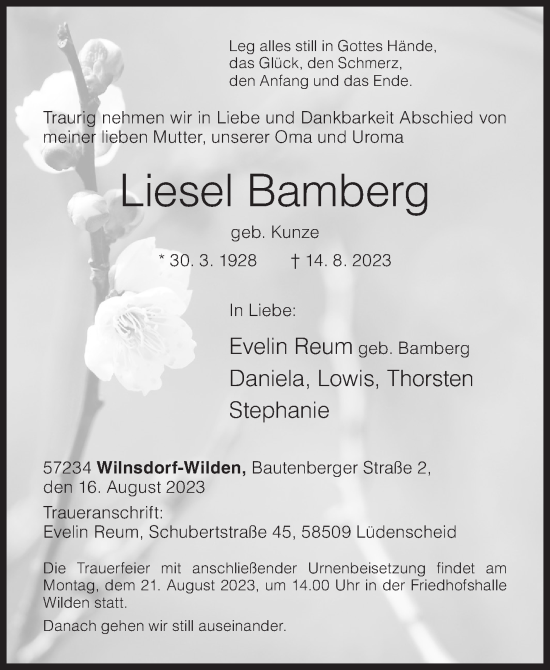 Traueranzeige von Liesel Bamberg von Siegener Zeitung