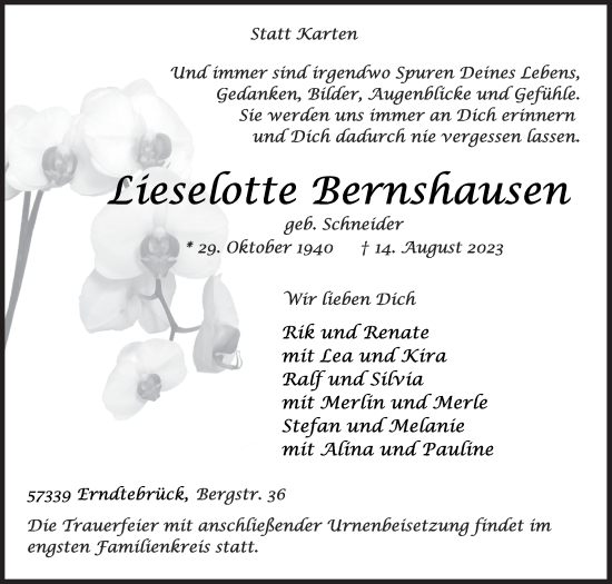 Traueranzeige von Lieselotte Bernshausen von Siegener Zeitung