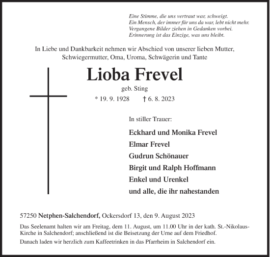 Traueranzeige von Lioba Frevel von Siegener Zeitung