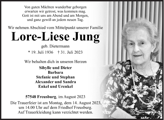 Traueranzeige von Lore-Liese Jung von Siegener Zeitung