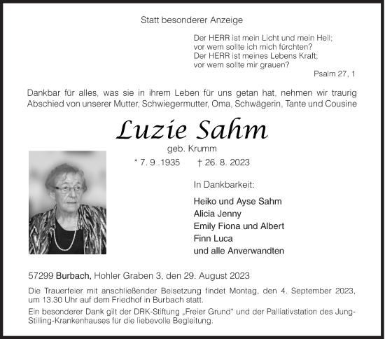 Traueranzeige von Luzie Sahm von Siegener Zeitung