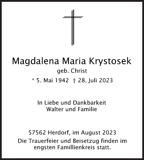 Traueranzeige von Magdalena Maria Krystosek von Siegener Zeitung