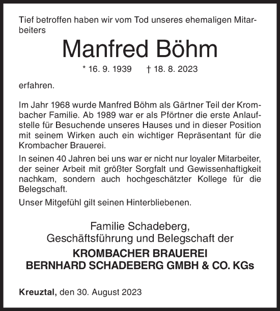 Traueranzeige von Manfred Böhm von Siegener Zeitung