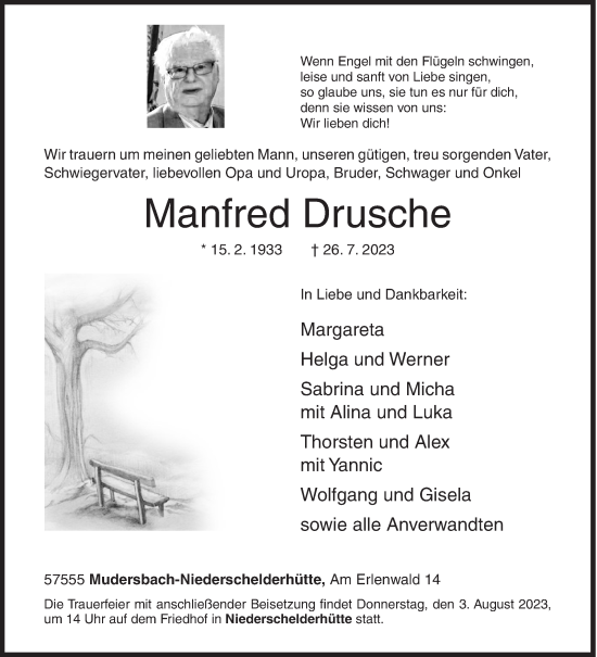 Traueranzeige von Manfred Drusche von Siegener Zeitung