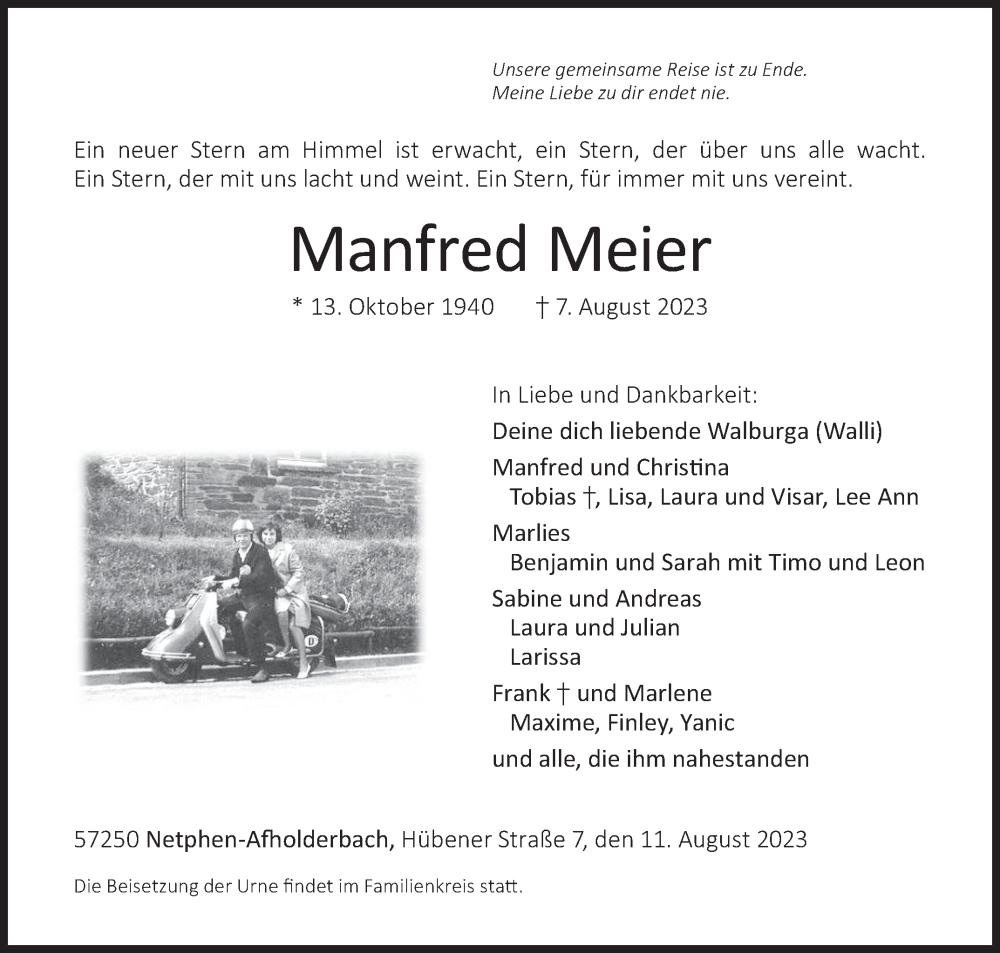  Traueranzeige für Manfred Meier vom 11.08.2023 aus Siegener Zeitung