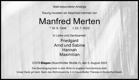 Traueranzeige von Manfred Merten von Siegener Zeitung