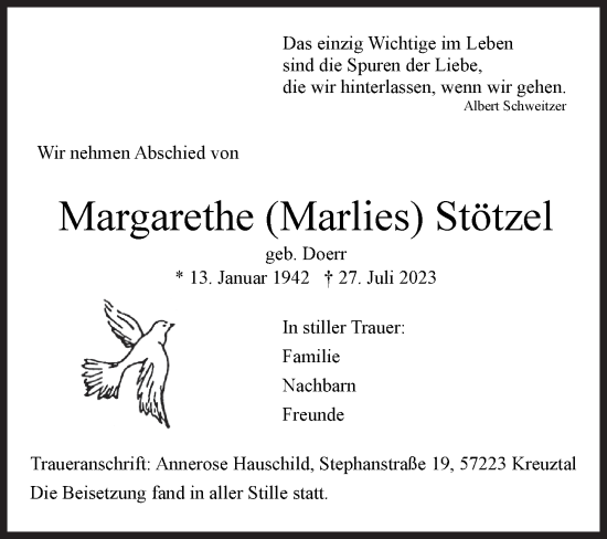 Traueranzeige von Margarethe Stötzel von Siegener Zeitung