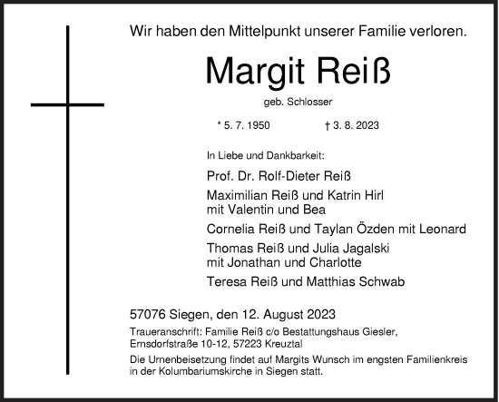 Traueranzeige von Margit Reiß von Siegener Zeitung