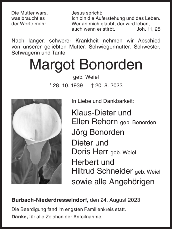 Traueranzeige von Margot Bonorden von Siegener Zeitung