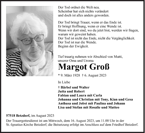 Traueranzeige von Margot Groß von Siegener Zeitung
