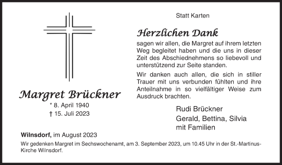 Traueranzeige von Margret Brückner von Siegener Zeitung