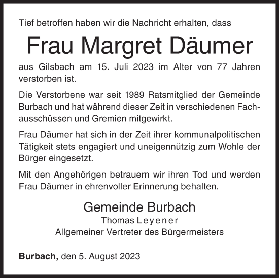 Traueranzeige von Margret Däumer von Siegener Zeitung