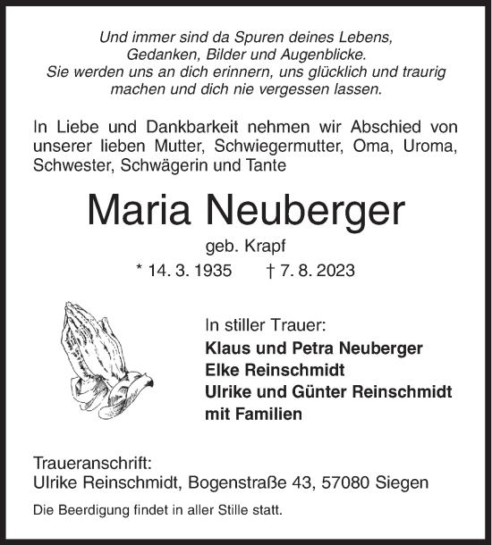 Traueranzeige von Maria Neuberger von Siegener Zeitung
