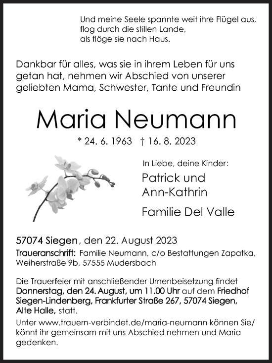 Traueranzeige von Maria Neumann von Siegener Zeitung