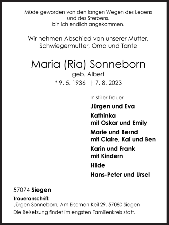 Traueranzeige von Maria  Sonneborn von Siegener Zeitung