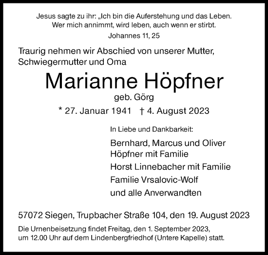 Traueranzeige von Marianne Höpfner von Siegener Zeitung