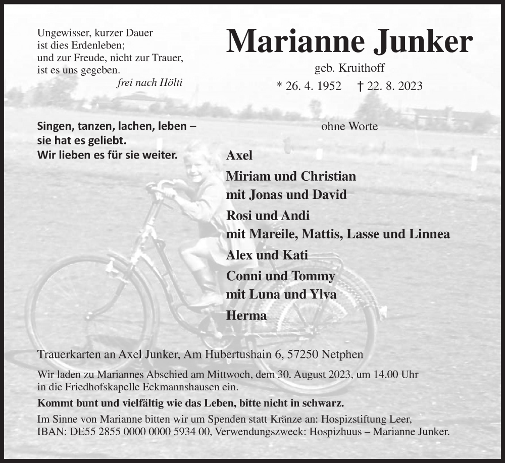  Traueranzeige für Marianne Junker vom 26.08.2023 aus Siegener Zeitung