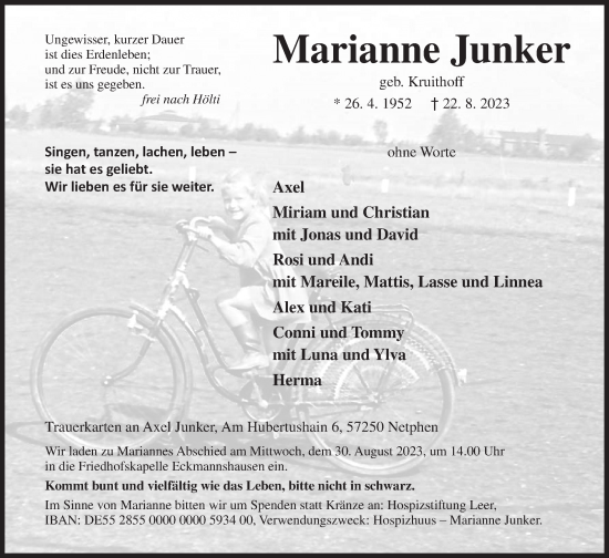 Traueranzeige von Marianne Junker von Siegener Zeitung