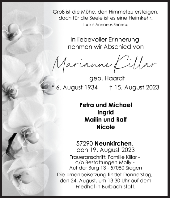 Traueranzeige von Marianne Killar von Siegener Zeitung