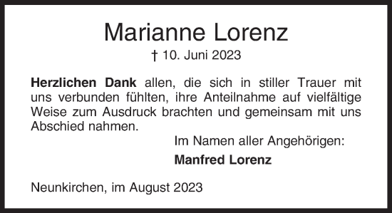 Traueranzeige von Marianne Lorenz von Siegener Zeitung
