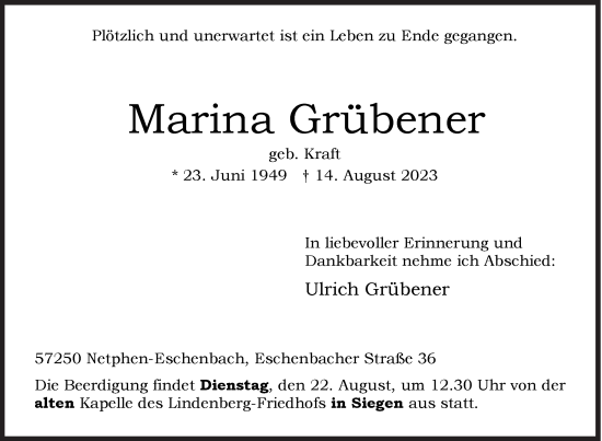 Traueranzeige von Marina Grübener von Siegener Zeitung