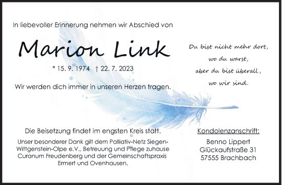 Traueranzeige von Marion Link von Siegener Zeitung