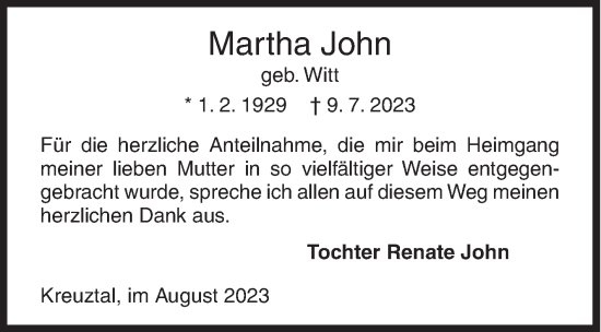 Traueranzeige von Martha John von Siegener Zeitung