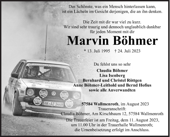 Traueranzeige von Marvin Böhmer von Siegener Zeitung