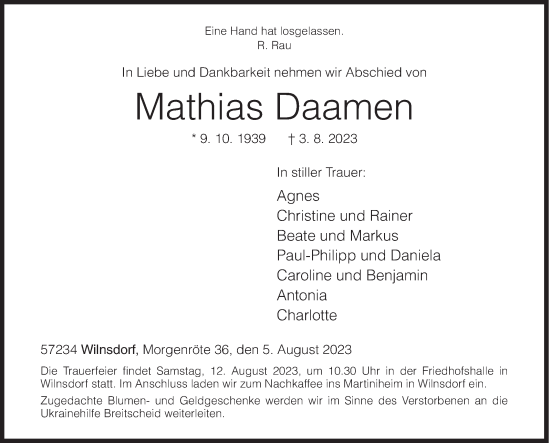 Traueranzeige von Matheas Daamen von Siegener Zeitung