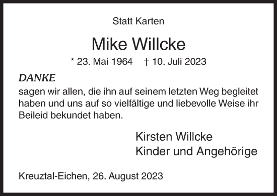 Traueranzeige von Mike Willcke von Siegener Zeitung