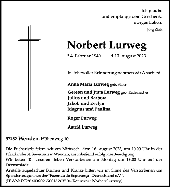 Traueranzeige von Norbert Lurweg von Siegener Zeitung