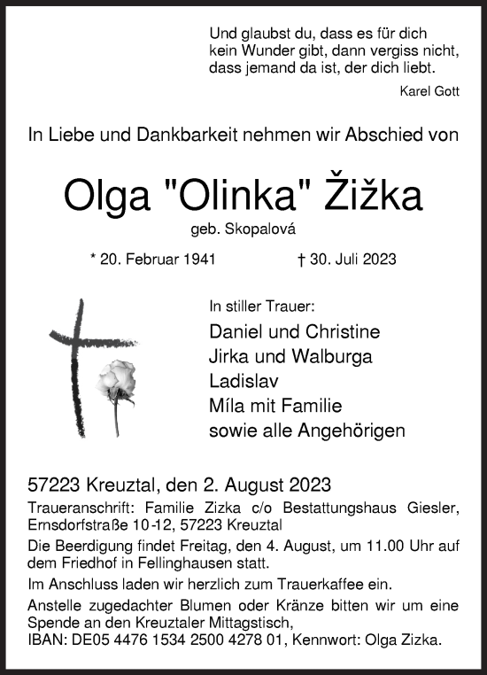 Traueranzeige von Olga  Žižka von Siegener Zeitung