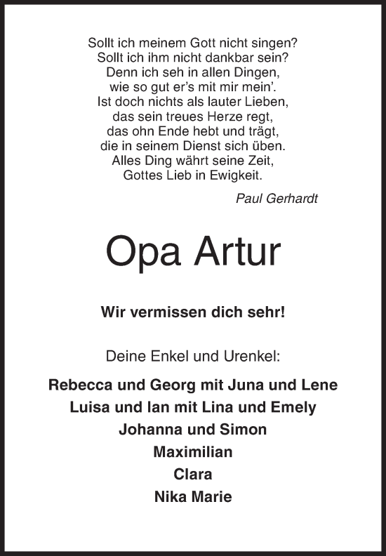 Traueranzeige von Opa Artur von Siegener Zeitung