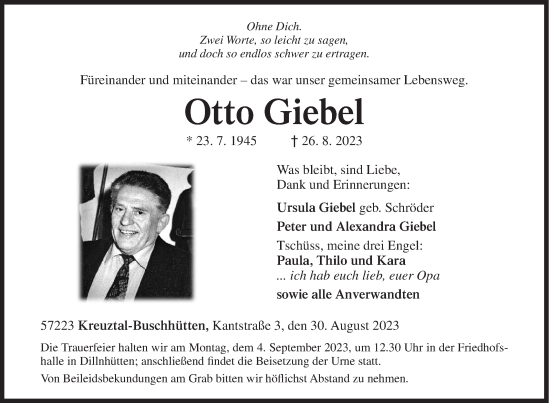 Traueranzeige von Otto Giebel von Siegener Zeitung
