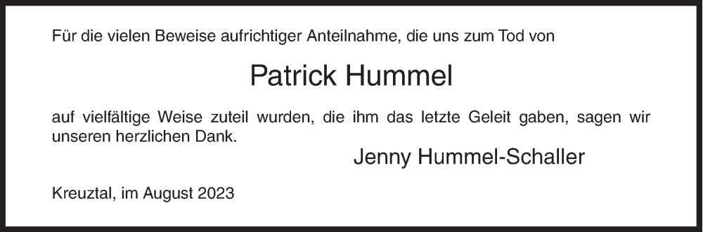  Traueranzeige für Patrick Hummel vom 05.08.2023 aus Siegener Zeitung