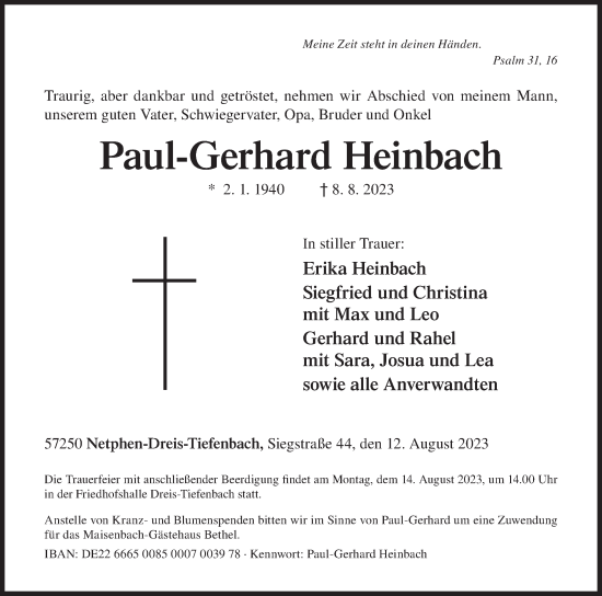 Traueranzeige von Paul-Gerhard Heinbach von Siegener Zeitung