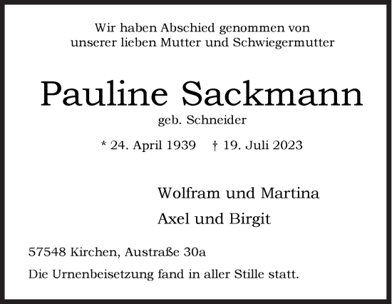 Traueranzeige von Pauline Sackmann von Siegener Zeitung