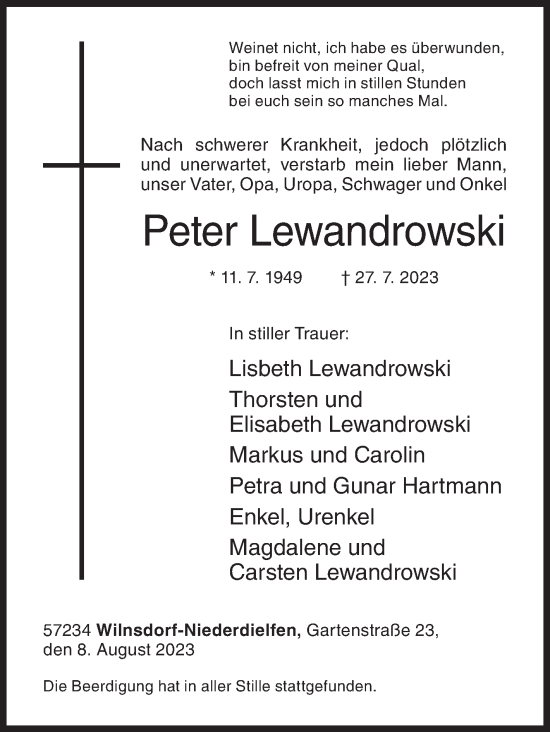 Traueranzeige von Peter Lewandrowski von Siegener Zeitung