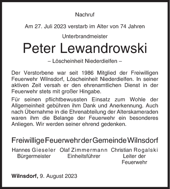 Traueranzeige von Peter Lewandrowski von Siegener Zeitung