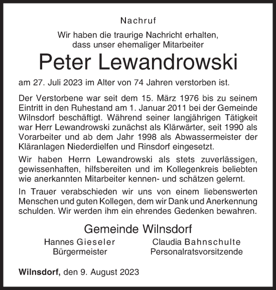 Traueranzeige von Peter Lewandrowski von Siegener Zeitung