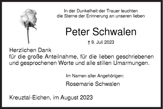 Traueranzeige von Peter Schwalen von Siegener Zeitung
