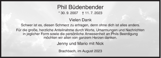 Traueranzeige von Phil Büdenbender von Siegener Zeitung