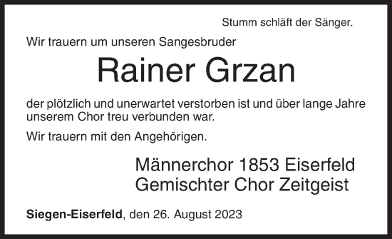 Traueranzeige von Rainer Grzan von Siegener Zeitung